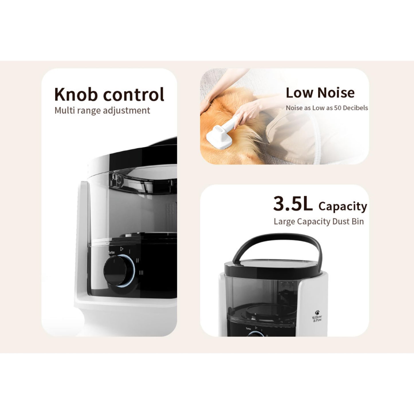 Willow & Paw 6-in-1 Pet Grooming Vacuum Kit, 350W Suction, 3.5L Capacity, Low Noise, with Trimmer, Deshedding Brush, and 6 Combs (3mm-24mm), for Dogs and Cats