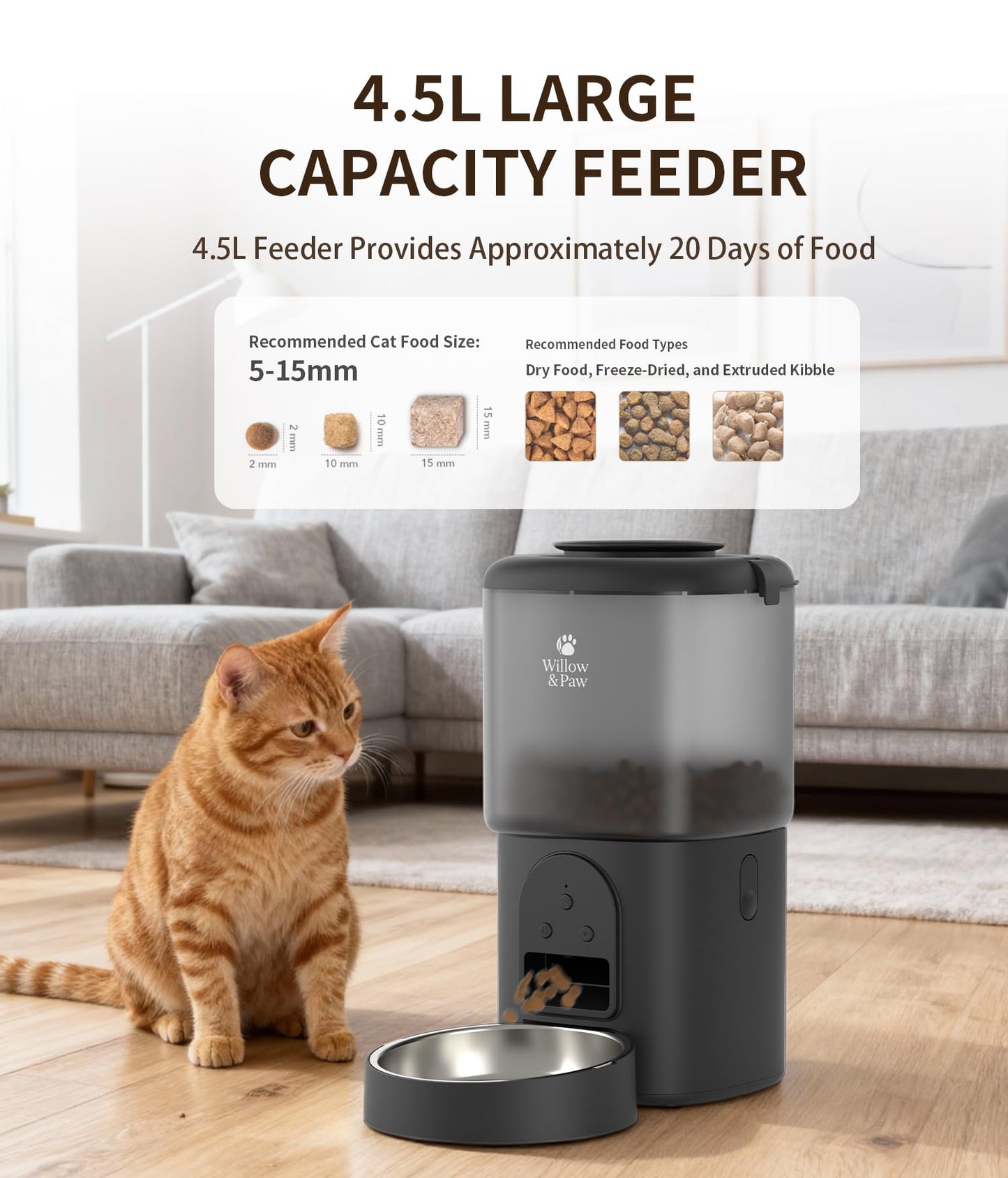 Willow & Paw Automatic Pet Feeder and Water Fountain Set, 4.5L WiFi Smart Food Dispenser with Stainless Steel Bowl, 2.5L Water Dispenser, App Control, Voice Recording