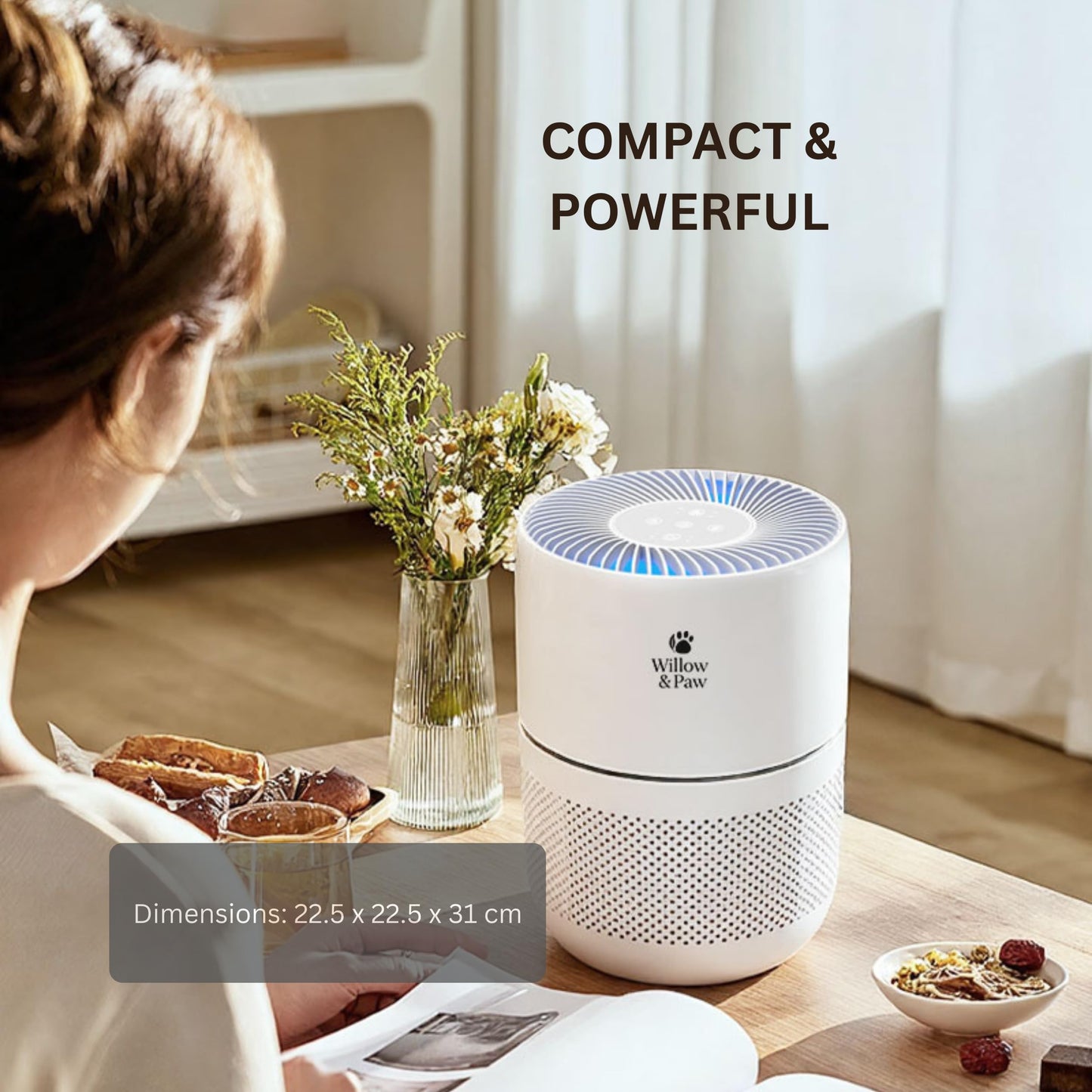 Willow & Paw HEPA Air Purifier for Home - Smart 4-Color Air Quality Sensor, 4 Speed Modes (Auto & Sleep), 8H Timer, and Aromatherapy Diffuser