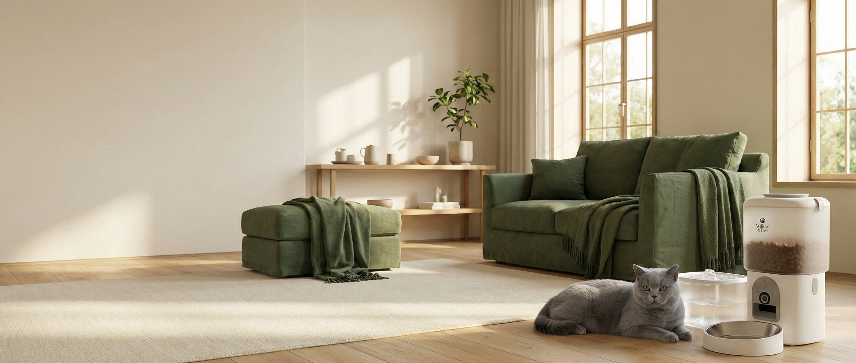 Living room with green sofa, ottoman, and cat near a pet feeder.