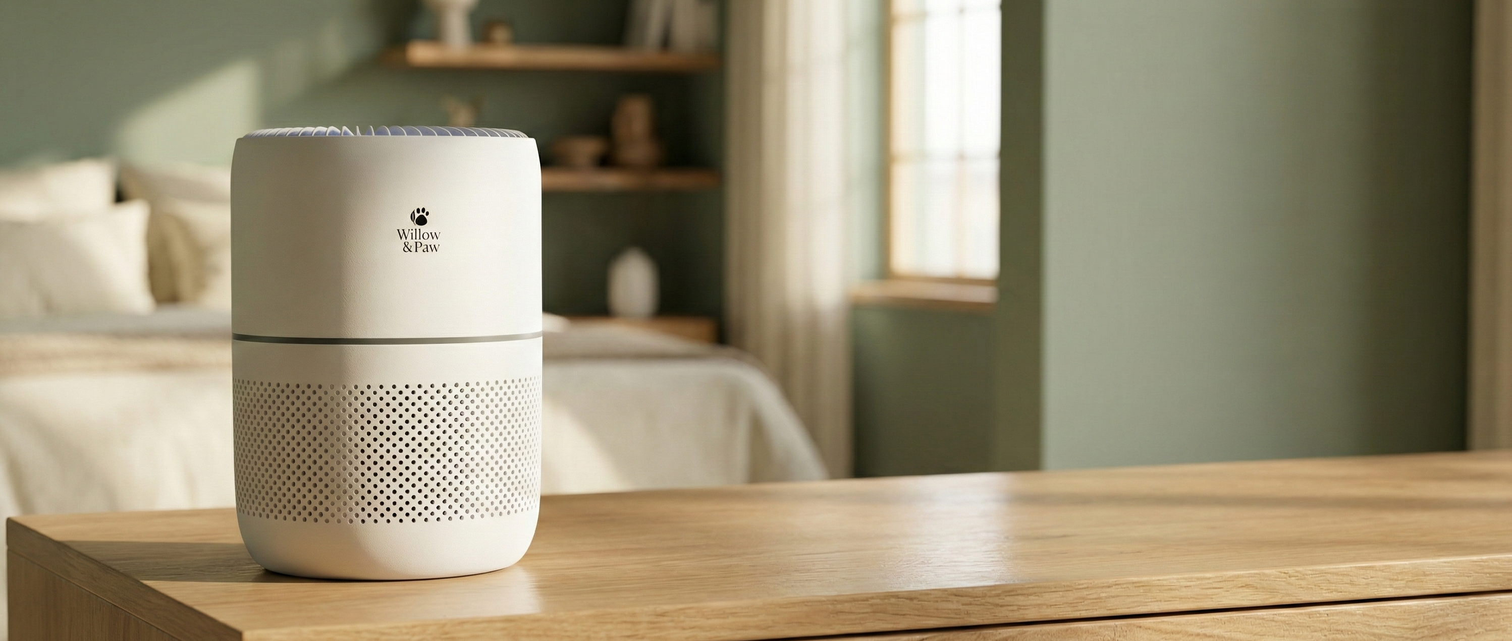 White air purifier on a wooden table with a blurred bedroom background