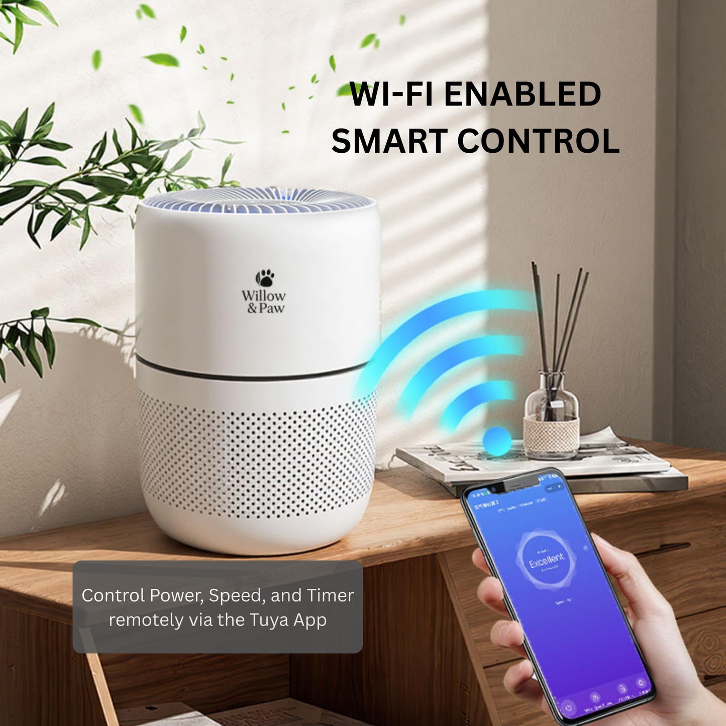 Willow & Paw HEPA Air Purifier for Home - Smart 4-Color Air Quality Sensor, 4 Speed Modes (Auto & Sleep), 8H Timer, and Aromatherapy Diffuser
