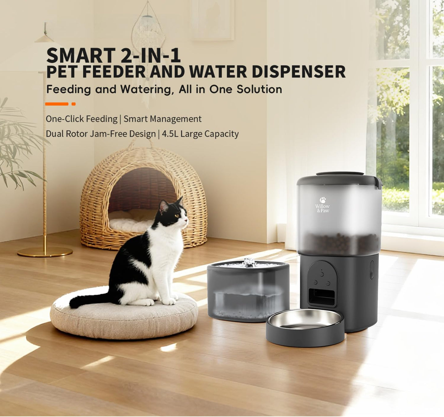 Willow & Paw Automatic Pet Feeder and Water Fountain Set, 4.5L WiFi Smart Food Dispenser with Stainless Steel Bowl, 2.5L Water Dispenser, App Control, Voice Recording