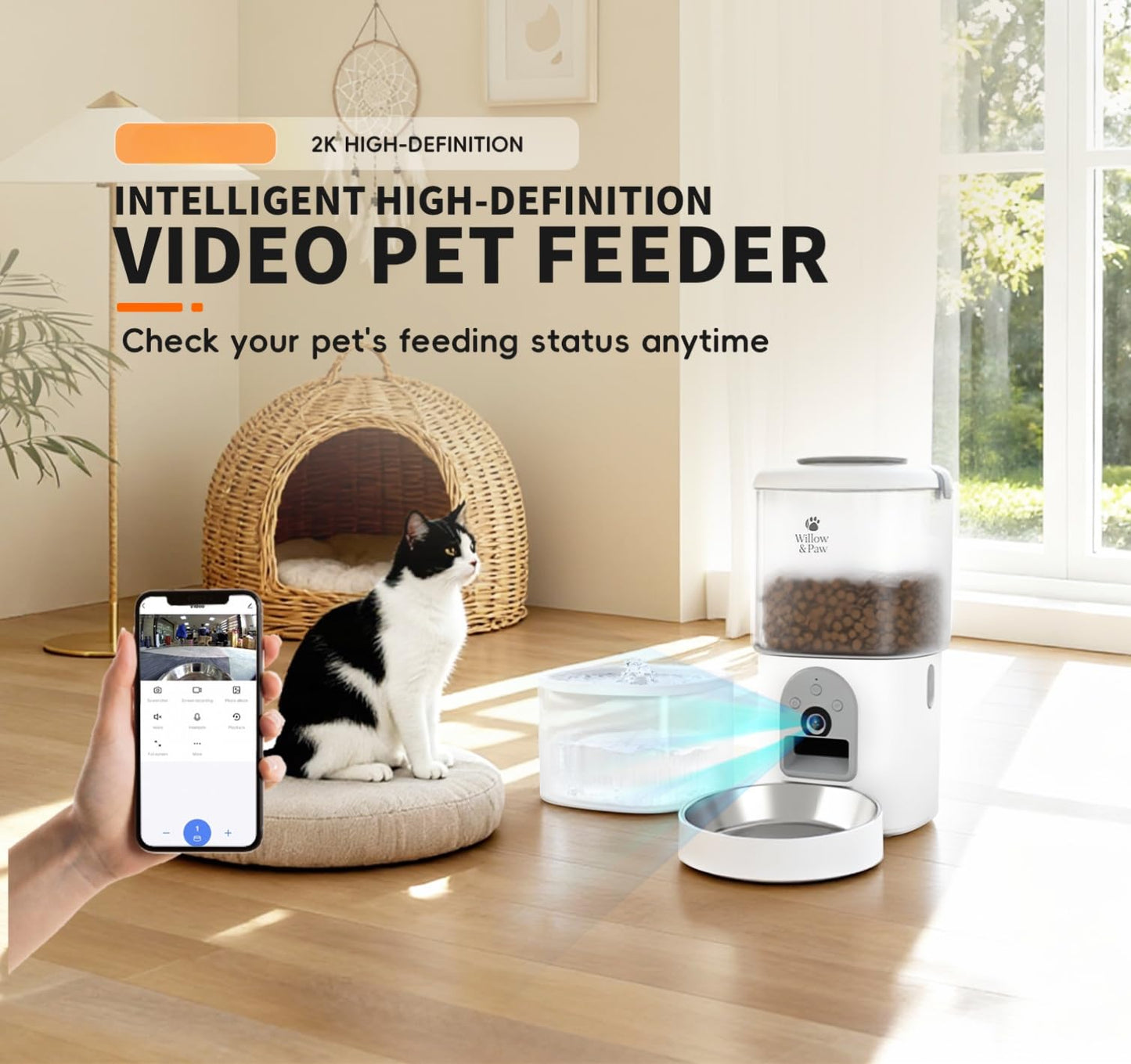 Willow & Paw Smart Automatic Pet Feeder and Water Dispenser Kit with HD Camera, Wi-Fi, 4.5L Feeder & 2.5L Fountain for Cats and Small Dogs