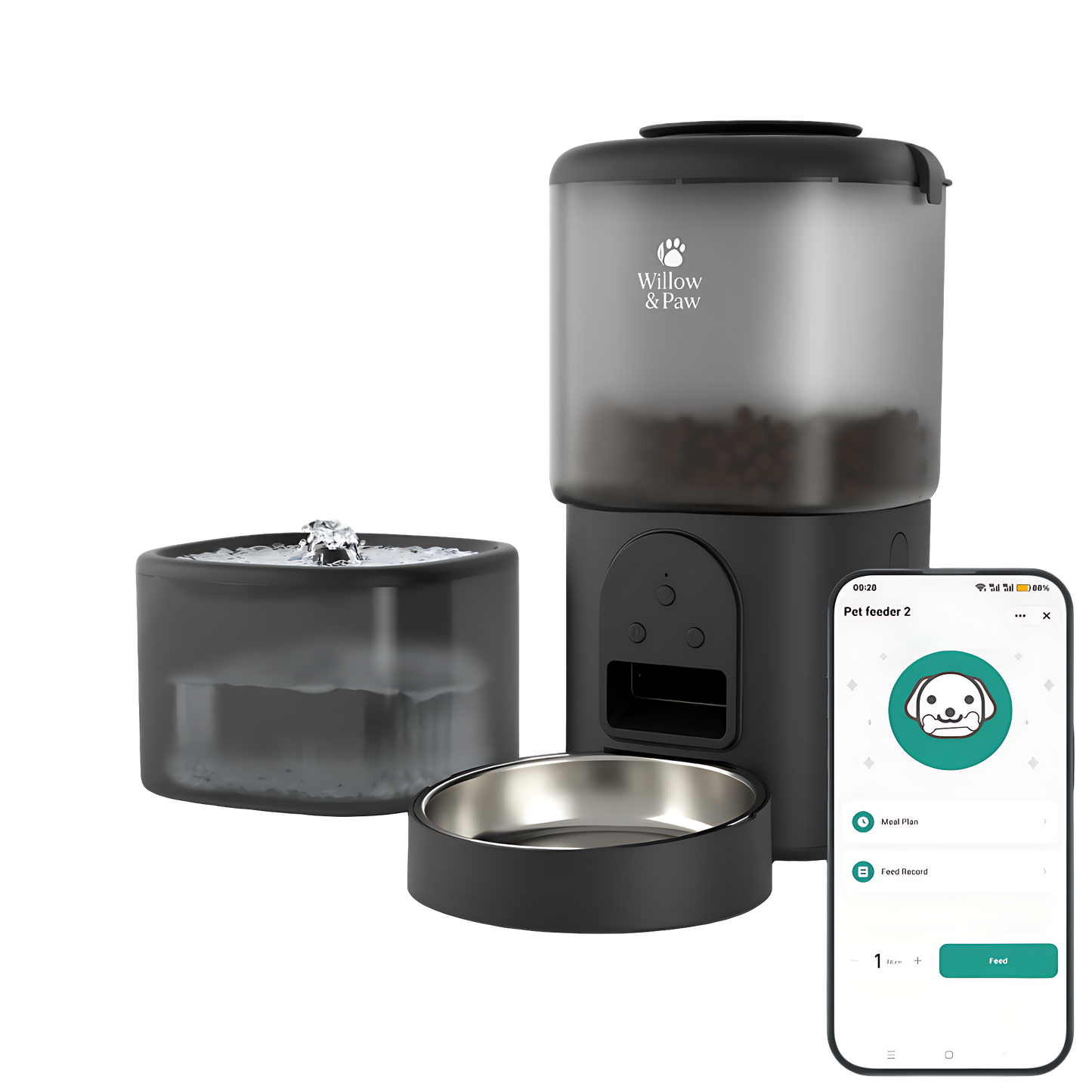 Willow & Paw Automatic Pet Feeder and Water Fountain Set, 4.5L WiFi Smart Food Dispenser with Stainless Steel Bowl, 2.5L Water Dispenser, App Control, Voice Recording