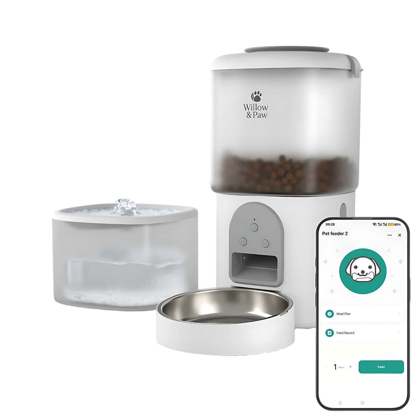 Willow & Paw Automatic Pet Feeder and Water Fountain Set, 4.5L WiFi Smart Food Dispenser with Stainless Steel Bowl, 2.5L Water Dispenser, App Control, Voice Recording