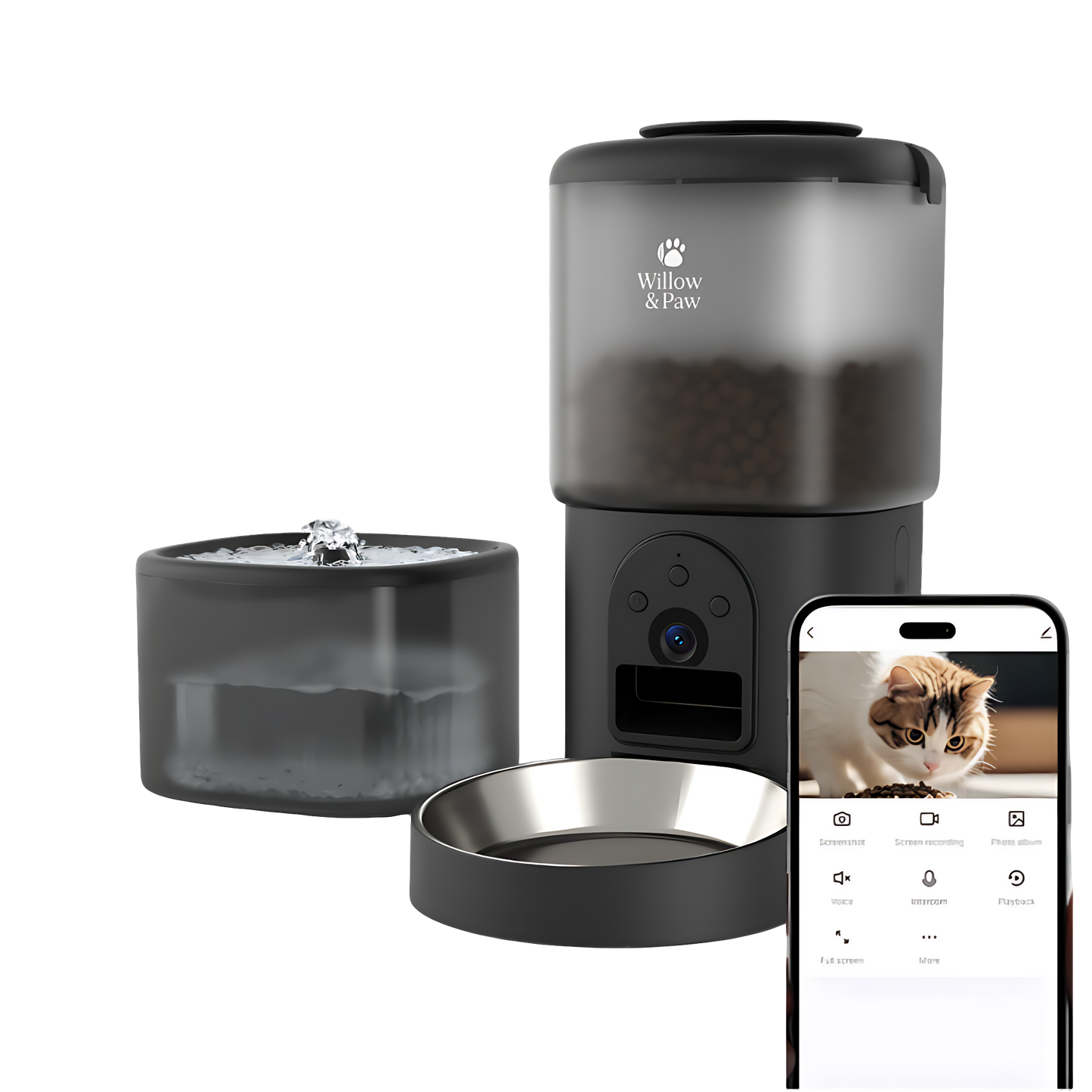Willow & Paw Smart Automatic Pet Feeder and Water Dispenser Kit with HD Camera, Wi-Fi, 4.5L Feeder & 2.5L Fountain for Cats and Small Dogs